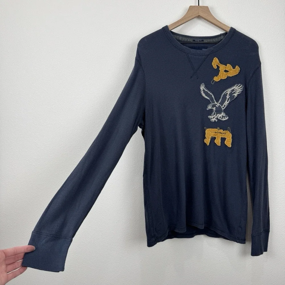 American Eagle Shirt Mens XL Blue Thermal Crewneck Vintage Fit Y2K Pullover‎